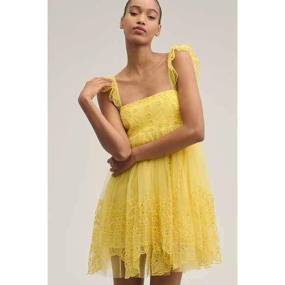Let Me Be Eyelet Yellow Tulle Mini Dress L - Picture 2 of 4